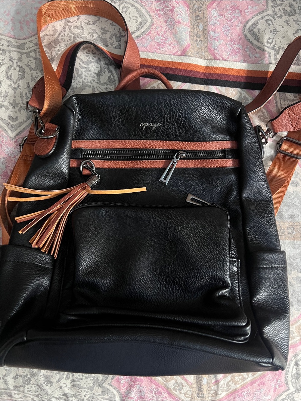 Black Vegan Leather Crossbody Backpack with Tan Accents